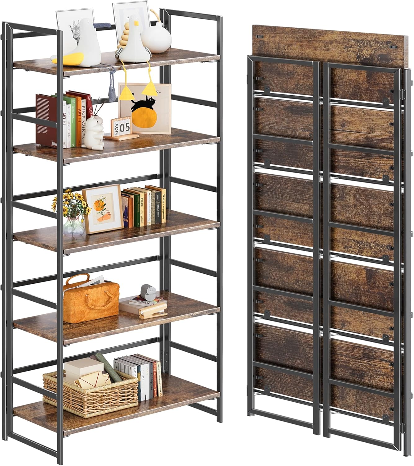 4NM No Assembly 5 Tiers Collapsible Book Shelves, Folding Bookshelf Bookcase Open Industrial Foldable Shelves for Bedroom, Living Room, Home Office - Rustic Brown Black