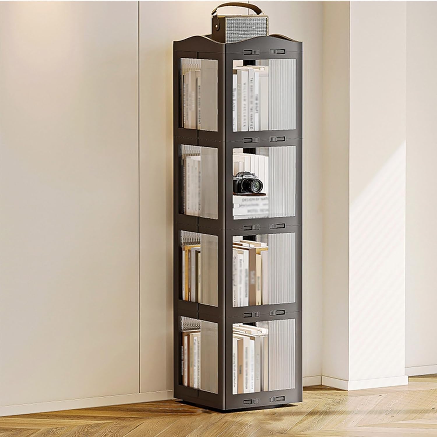 EFGETD 5 Tier 360° Rotating Bookshelf Foldable, Dust-Proof Large Capacity Storage Rack ABS Floor Standing Bookcase Display Cabinet Book Shelf for Living Room Bedroom(Black,4th Floor)