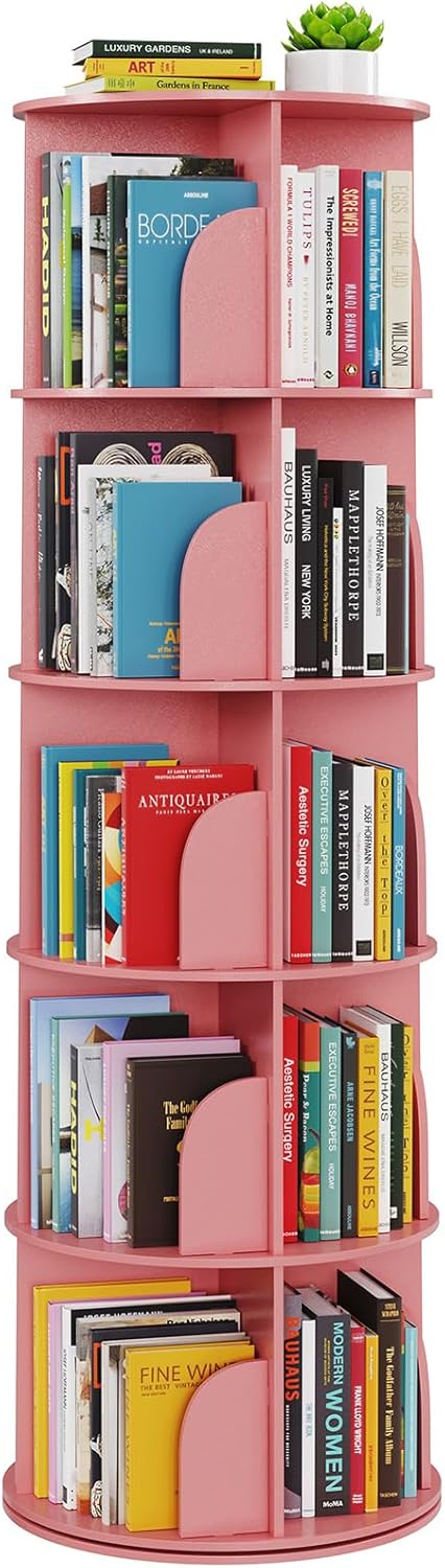 SpaceAid 5 Tier Rotating Bookshelf Tower, Spinning Bookcase Lazy Susan, Revolving 360 Book Shelf Storage Round Carousel, Vertical Rotate Turning Spiral Corner Organizer, Pink