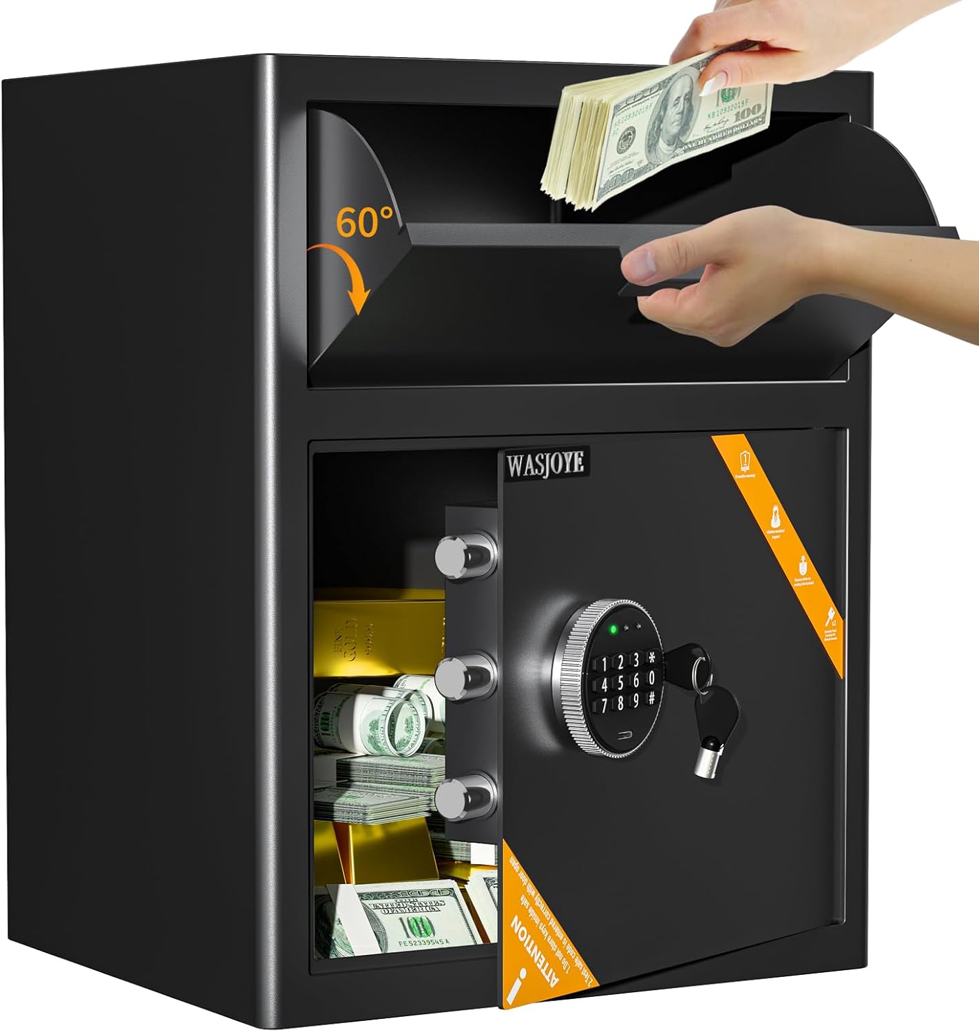 WASJOYE Depository Drop Cabinet Safe - 2.6 Cubic Feet Large Size with Digital Keypad Lock and Anti Theft, Business Security Safe Box with Alarm Function, Large Drop Slot Box for Cash Slip Office Home