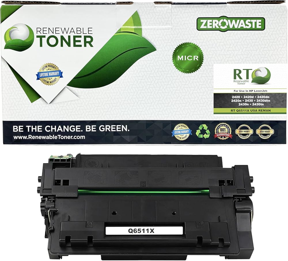 Renewable Toner USA Remanufactured MICR Toner Cartridge High Yield Replacement for HP 11X Q6511X Laser Printers 42420 2420 2430