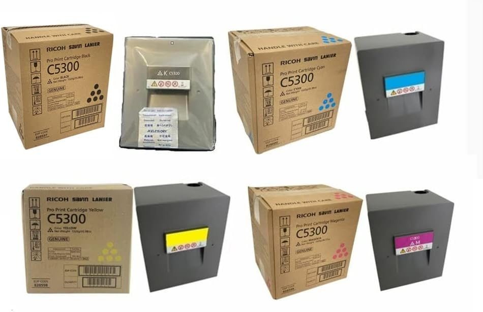 Ricoh Genuine 828597,98,99,600 Toner Cartridge Set Black, Cyan,Magenta, Yellow for Pro C5300S and Pro C5310S Series Printers in Retail Packaging