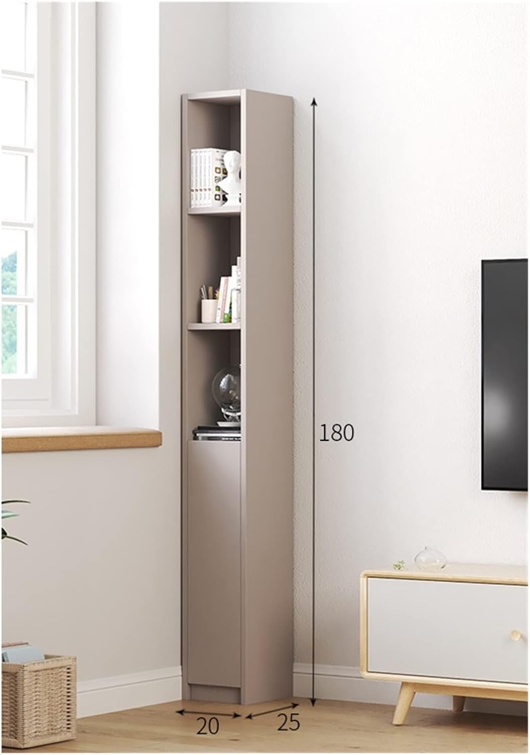 KIRANDY Narrow Slit Bookshelf Lockers, Floor-to-Ceiling Small Corner Storage Bookcases for Living Room Bedroom Lockers (Color : 20x25x180 Grey Lower Door)