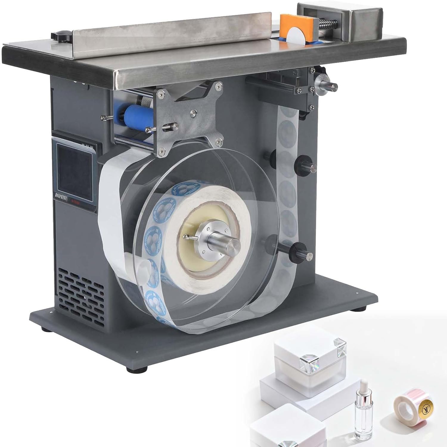 LYNNEYING Semi-Automatic Round Bottle & Corner Labeler, Right Angle Applicator, 15-30 PCS/Min, ±0.5mm, Touch Screen, 200W, Metal Painted Sheet Metal, for Cosmetic/Pharmaceutical Packaging