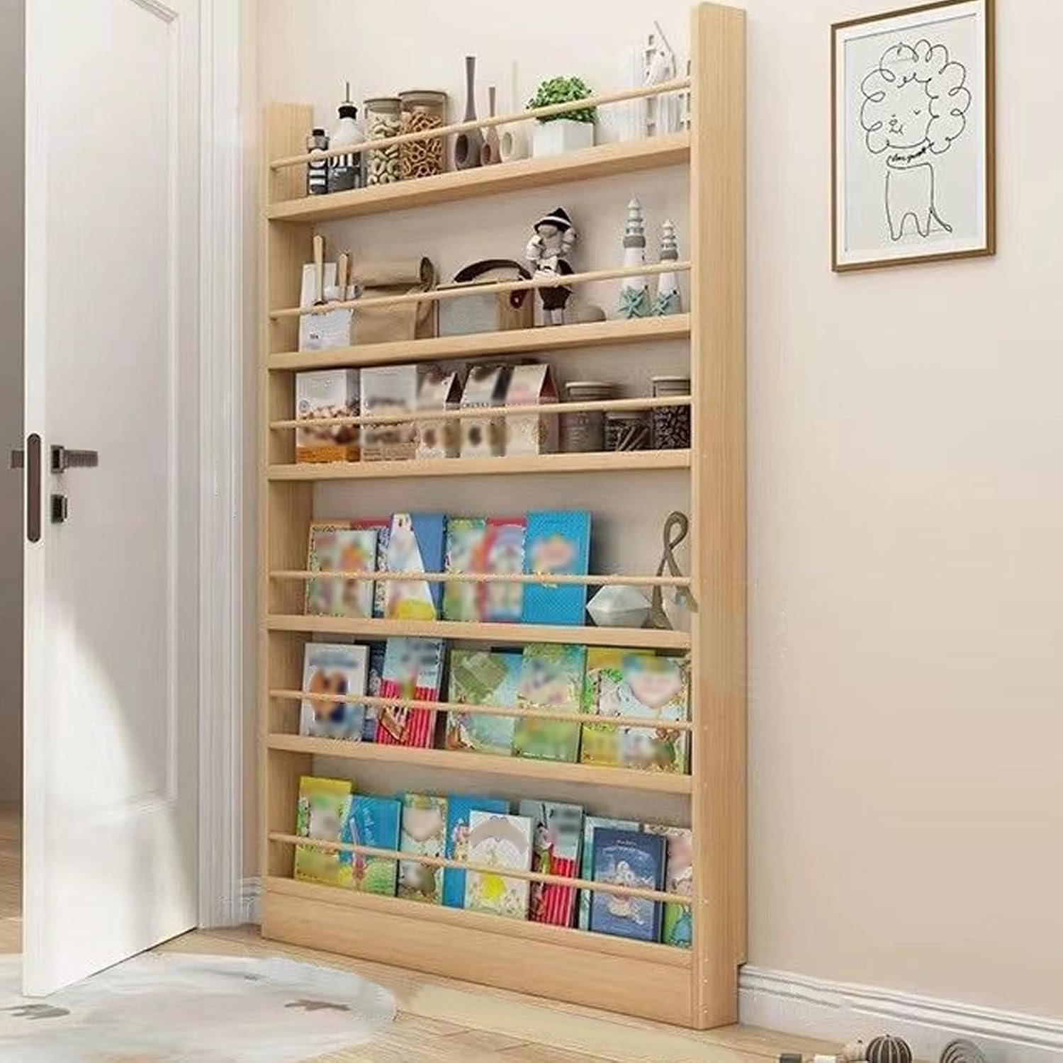 6-Tier Narrow Bookshelf, Narrow Thin Bookshelf, Space Saving, Wooden Shelves and Toy Storage, Space-Saving Behind Door Book Shelf for Bedroom, Living Room, Office (Natural)