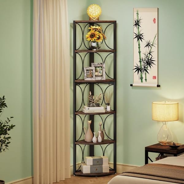 Orixforce 6-Tier Corner Shelf Bookcase with Storage – Space-Saving Standing Display Rack for Living Room, Bedroom, Bathroom & Small Spaces