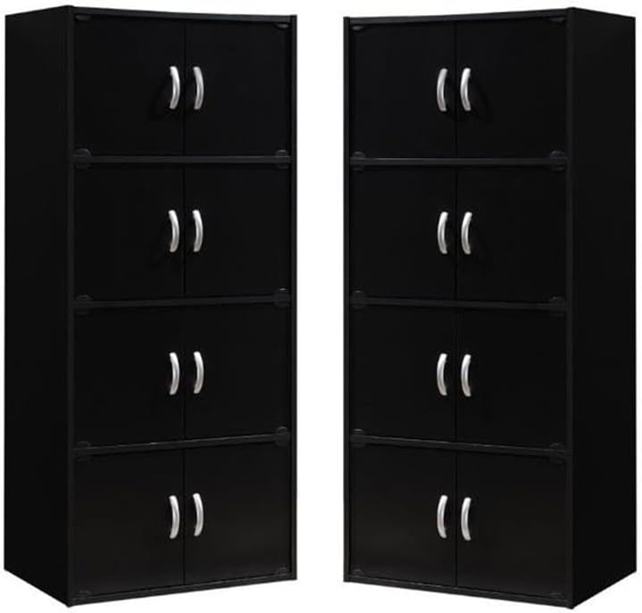 Home Square 4 Shelf 8 Door Wooden Bookcase Cabinet Set in Black (Set of 2)