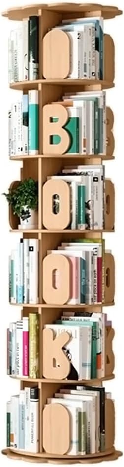 360 Degree Rotation Solid Wood Bookshelf, Floor Standing Bookcase with Letter Baffle, Book/Picture Book/Toy/Snack CD Storage Rack (Size : 6 Tier)