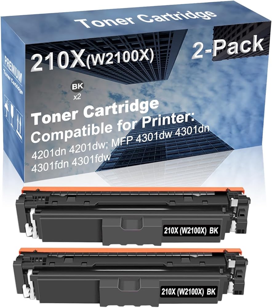 2-Pack (Black) Compatible High Yield 210X (W2100X) Laser Printer Toner Cartridge use for 4201dn 4201dw; MFP 4301dw 4301dn 4301fdn 4301fdw Printer (with Chip)