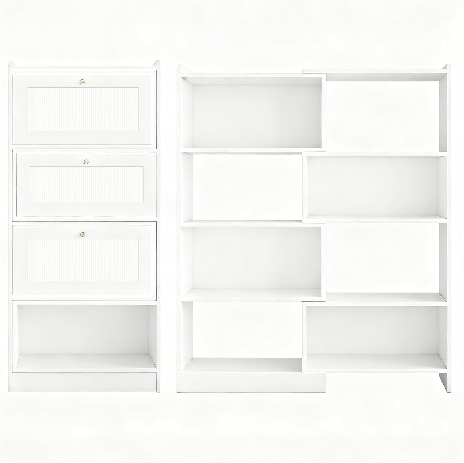 Expandable 3-in-1 Bookcase, Adjustable Width Wooden Bookshelf with 4-Tier Storage, Convertible Corner & Straight Shelf Organizer, Modern Space-Saving Display Rack for Livi white 23.6″ × 11.8″ × 61.0″