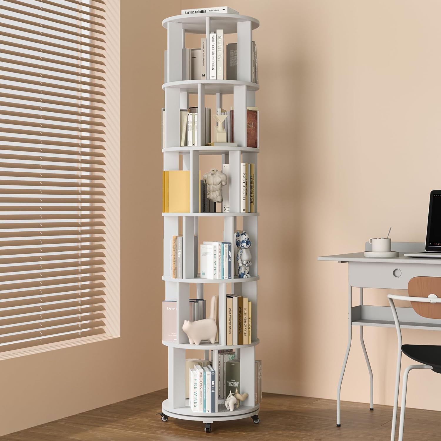 IUNVR 6 Tier Bookshelf Tower, 360° Solid Wood Spinning Bookcase with Swivel Wheels, Floor Standing Book Shelf for Small Space, Bookshelf for Home Office Study Room Bedroom Living Room