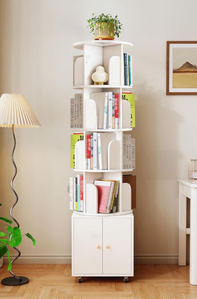 360° Rotating Bookshelf Tower with Wheels, 5-Tier Rotating Bookcase with Square Drawer, Wood Floor Standing Book Organizer for Bedroom and Living Room,Office(White)