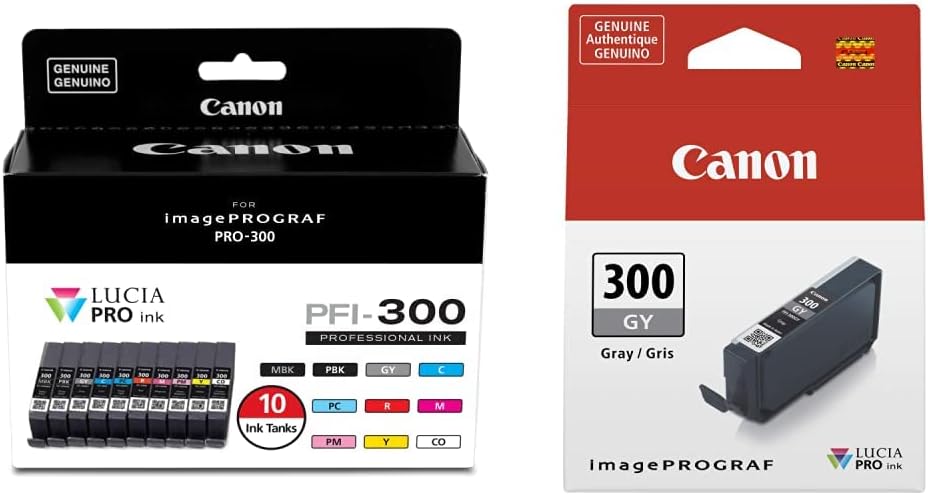 Canon PFI-300 Lucia PRO Ink, 10 Ink Tanks, Compatible to imagePROGRAF PRO-300 Printer, Multi, Standard (4192C007) and Canon PFI-300 Lucia PRO Ink, Gray, Compatible to imagePROGRAF PRO-300 Printer, Standard (4200C002)