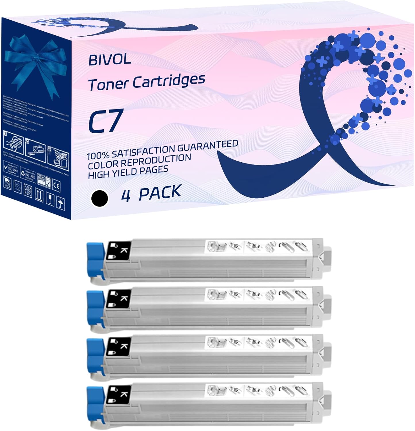 BIVOL C7 Toner Cartridges Compatible for Okidata OKI C9600N C9600HDN C9800HDN C9800HN Printers, with Chip, High Yield 16000 Pages, Vivid Colors (4 Pack Black)