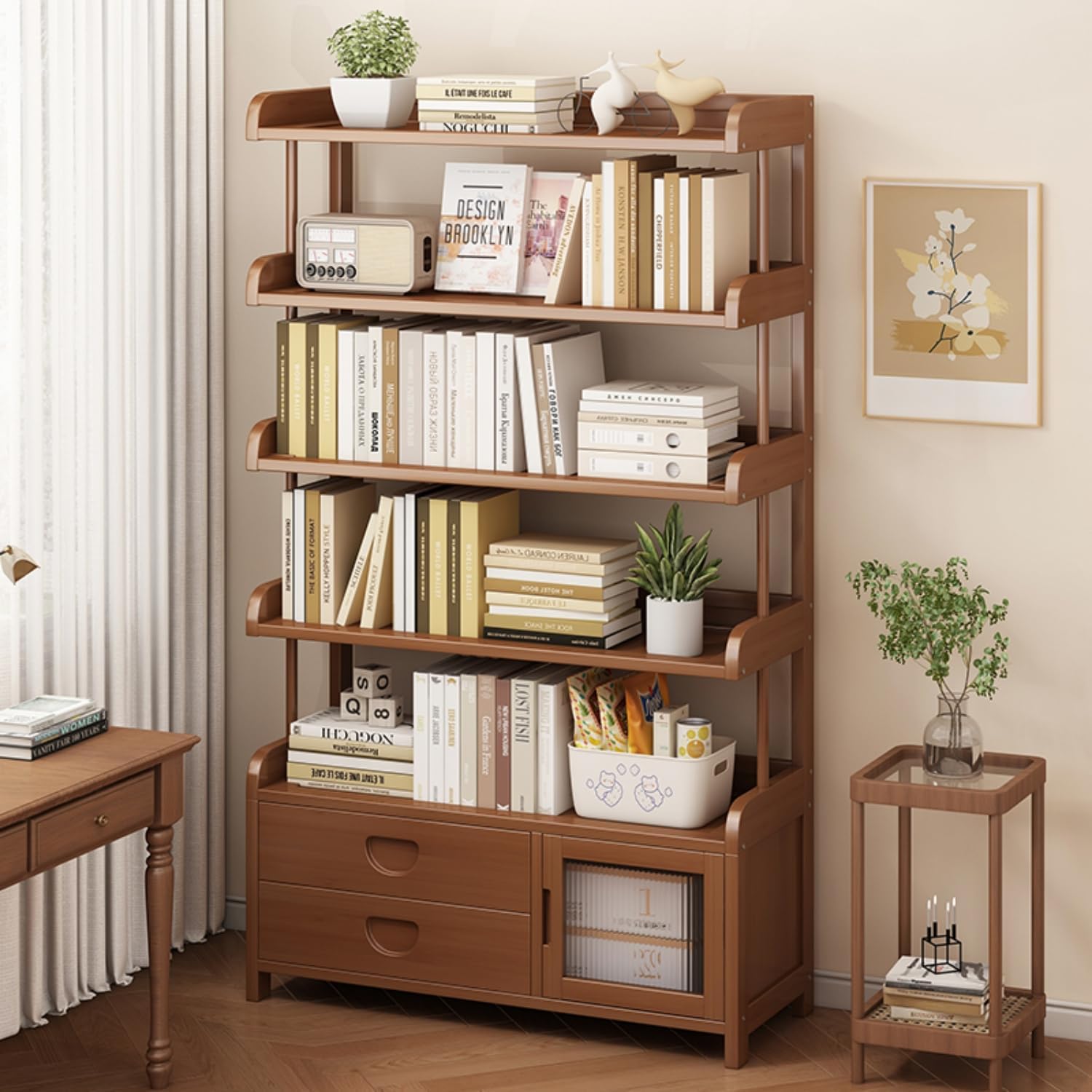 Smilkat Large Capacity Bookcase with Doors & Drawers, Floor-Standing Storage Rack, Multi-Tier for Living Room/Bedroom/Office (Tea Color,31.5