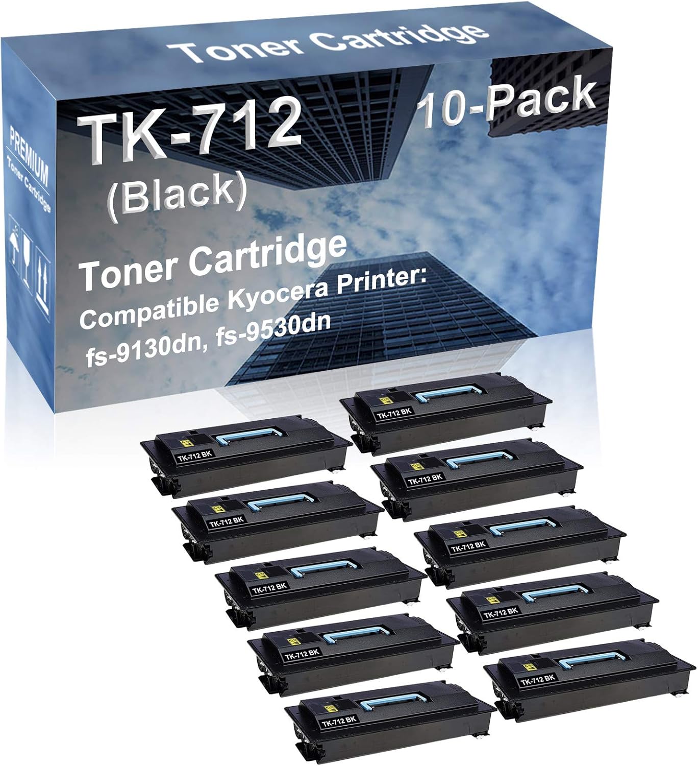 10-Pack Compatible High Capacity TK712 (TK-712) Printer Cartridge use for Kyocera fs-9130dn, fs-9530dn Printer (Black)