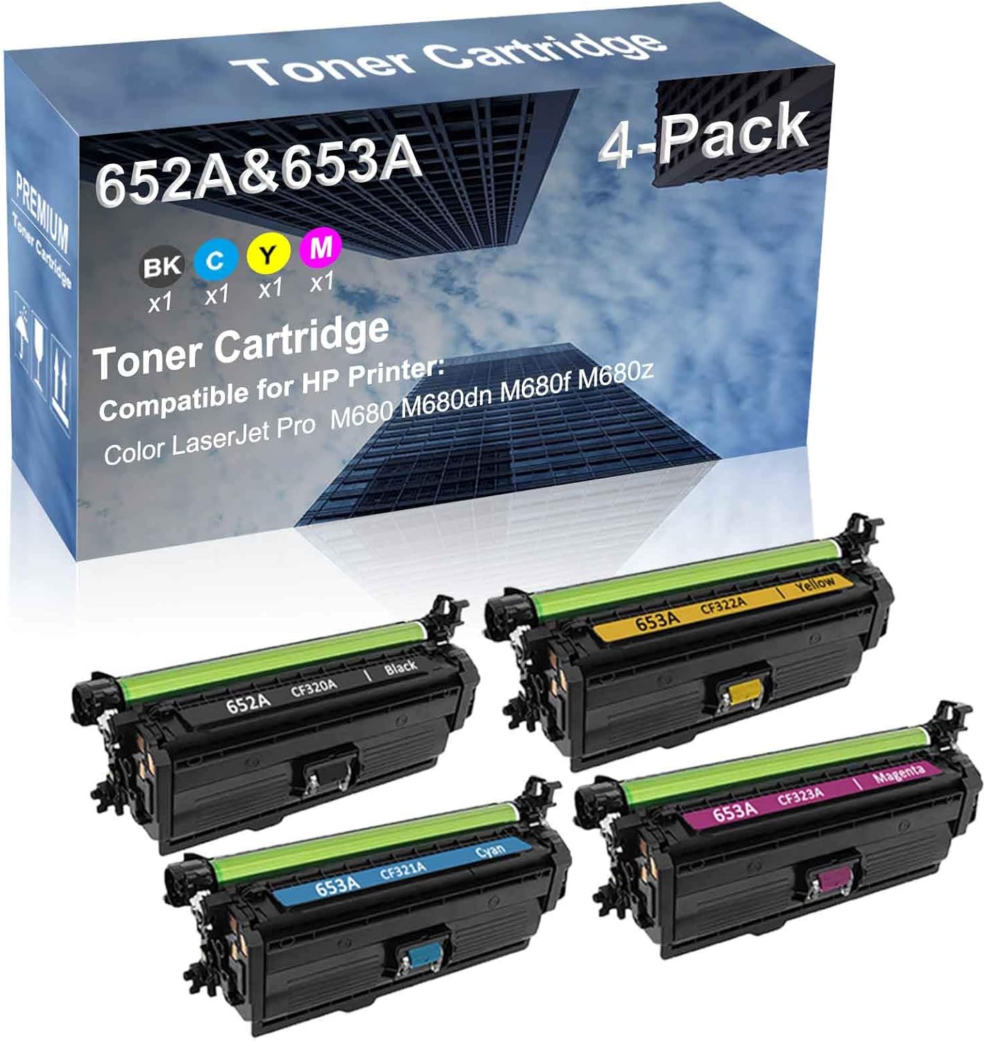4-Pack (BK+C+Y+M) Compatible High Capacity 652A 653A (CF320A+ CF321A+ CF322A+ CF323A) Toner Cartridge use for M680 M680dn M680f M680z Printer