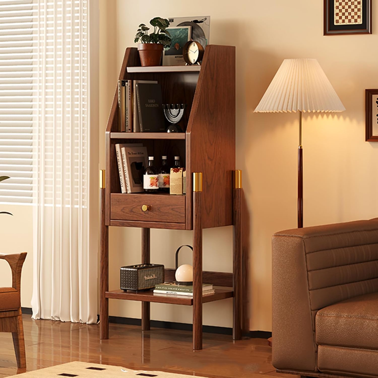 TruRim Bookshelf Shelves Small Bookshelves Against The Wall Living Room TV Side Cabinet Floor-to-Ceiling Bookcase Storage Display Storage Cabinets (Walnut,Layer 4 B)