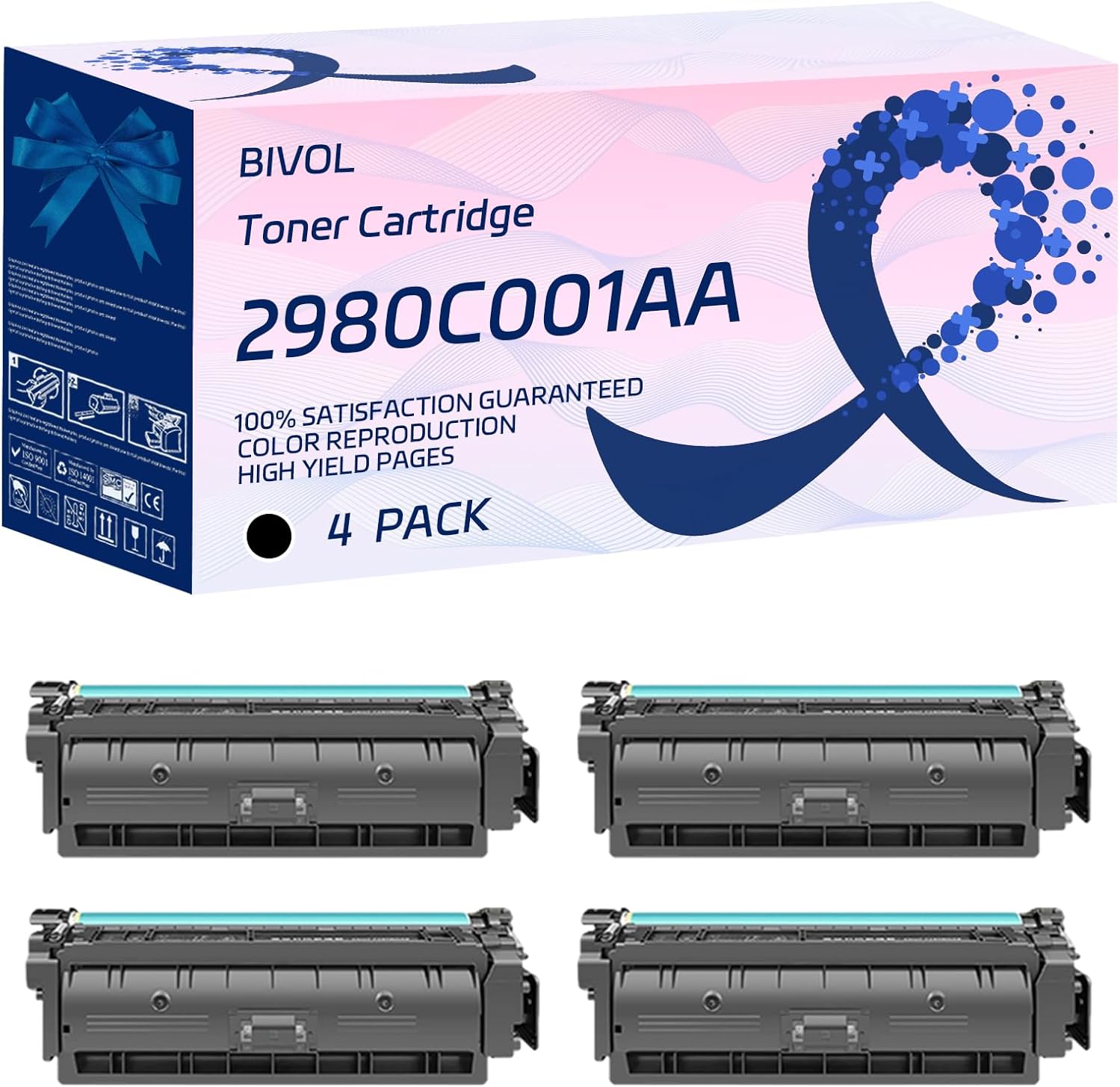 2980C001AA 2979C001AA 2978C001AA 2977C001AA Toner Cartridge Compatible for Canon imageRUNNER Advance DX C568iF C568iFZ Printers, with Chip, High Yield 43000 Pages, Vivid Colors (4 Pack Black)