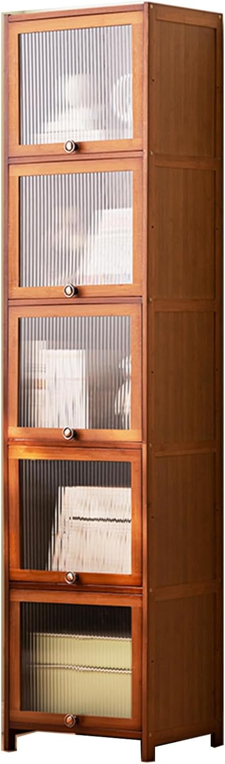 Wood Display Bookshelf, Bamboo Storage Cabinet with Acrylic Clear Flip Door, 5-Tier Corner Small Storage Book Case for Living Room Bedroom Kitchen (Brown)