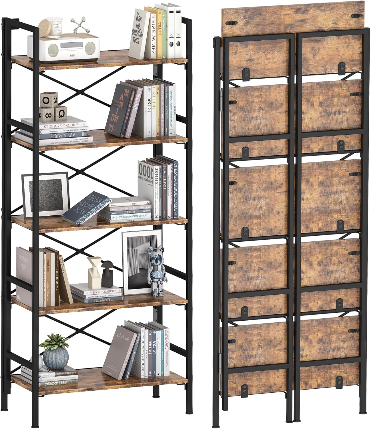 Folding Bookshelf,5 Tier Bookcase Foldable Shelf with X-Bracket Design, Adjustable Feet, Space Saving Storage for Living Room, Office, Rustic Brown