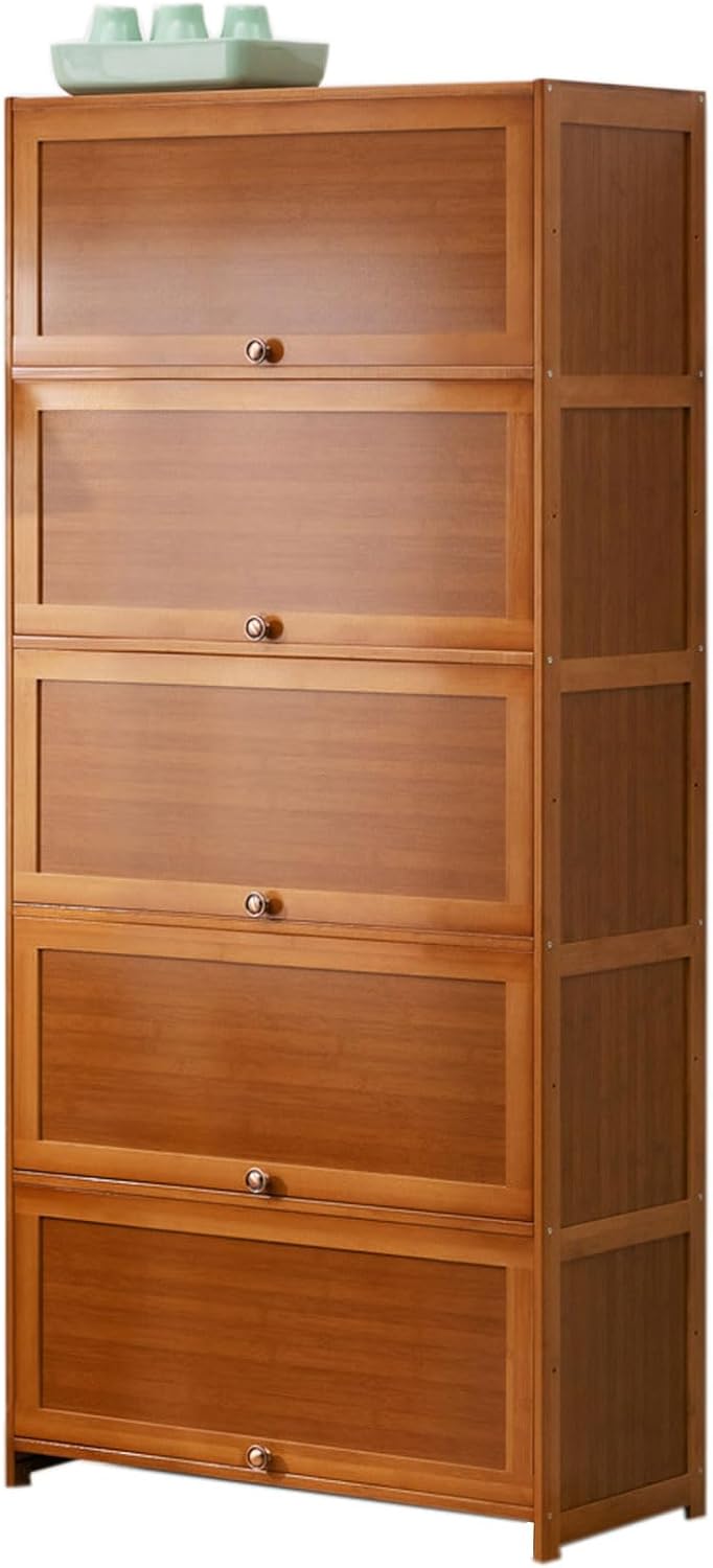 HUHJYUGE Bookshelf Tall, Brown Bamboo 1/2/3/4/5-Tier Storage Bookcase with Flip-Up Doors, Freestanding Organizer, for Bedroom Home Office Living Room (5 Tier 80cm)