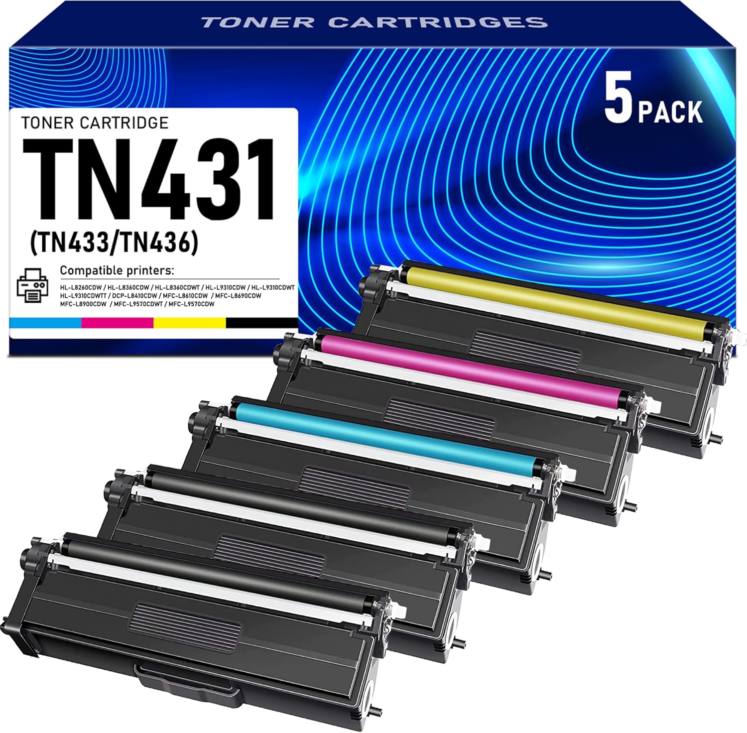 TN431 Toner Cartridge Set - 5 Pack TN431BK TN431C TN431M TN431Y Replacement for Brother TN 431 TN-431 Toner for HL-L8360CDW HL-L8260CDW MFC-L8610CDW MFC-L8900CDW MFC-L8690CDW Printer Toner
