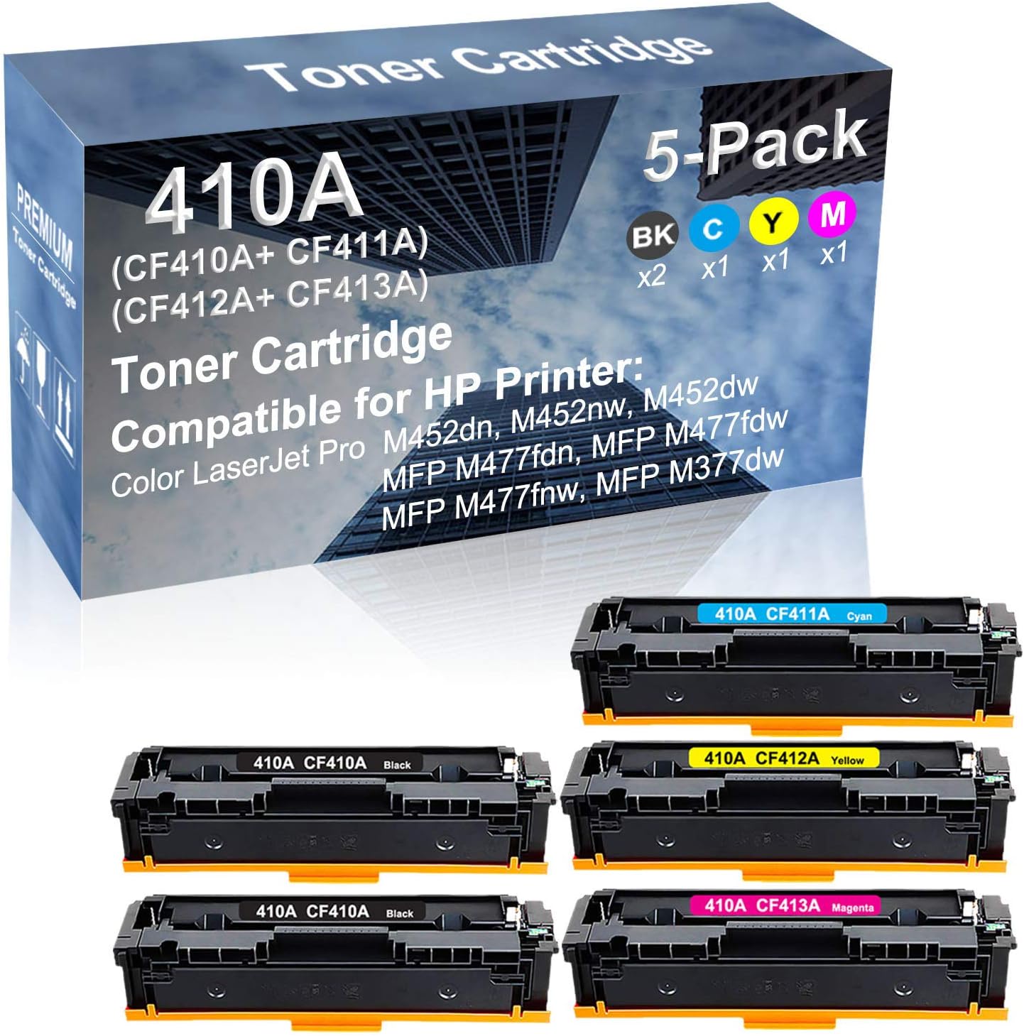 5-Pack (2BK+C+Y+M) Compatible MFP M477fdn, MFP M477fdw Printer Toner Cartridge High Capacity Replacement for (CF410A+ CF411A+ CF412A+ CF413A) 410A Toner Cartridge