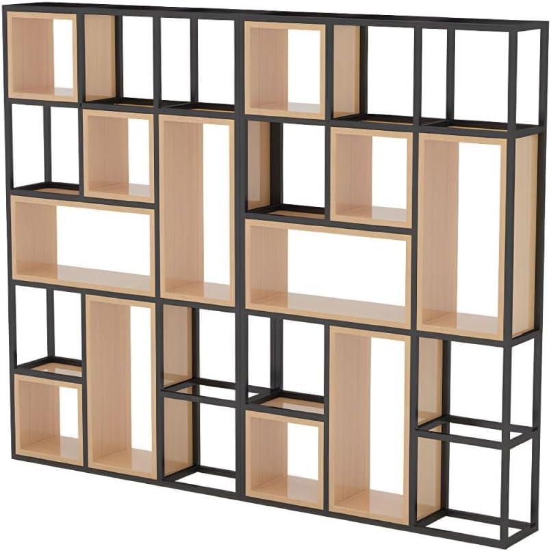 CraftThink Bookcase, Geometric Shelf Bookcase Metal Bookcase Vintage Etagere Bookcase, Tall Storage Display Staggered Shelves with Sturdy Metal Frame for Home Office, 94.5