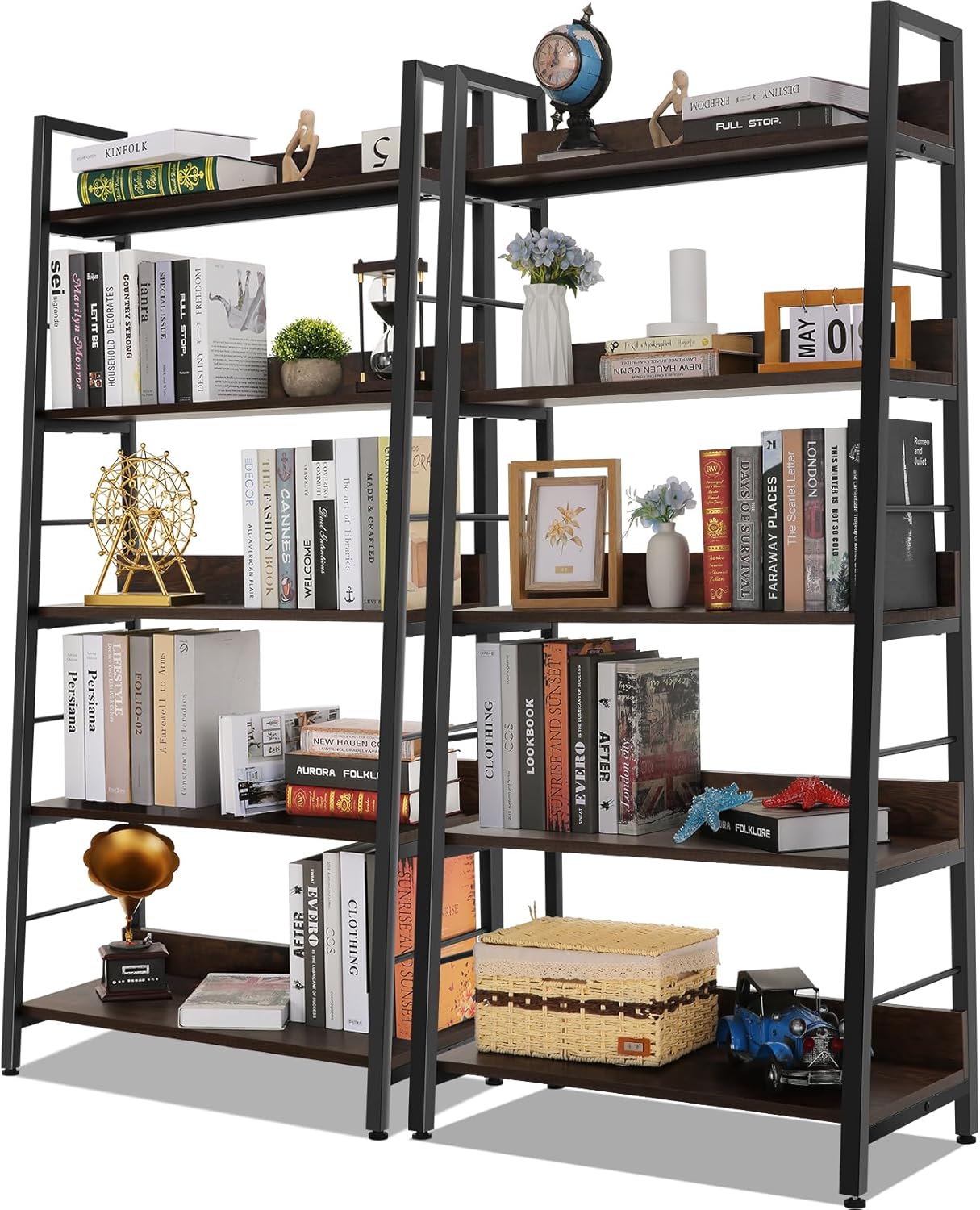 Himimi Ladder Bookshelf, 5 Shelf Bookcase Industrial Bookshelf Wood and Metal Bookshelves, Plant Flower Stand Rack Book Storage Shelves for Living Room, Bedroom, Home Office (2 PCS)