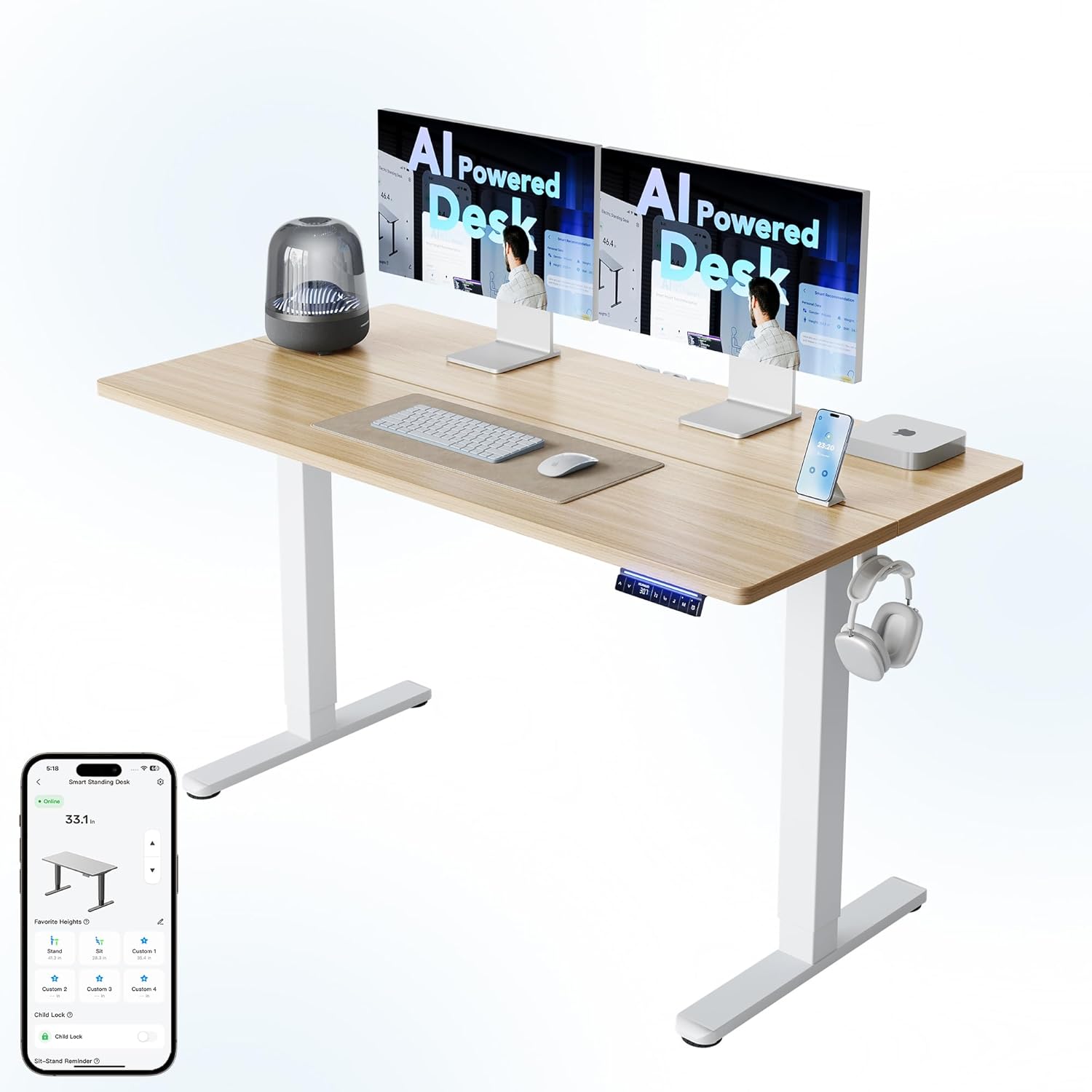 HUANUO AI-Powered Electric Standing Desk with Smart APP, Compatible with Alexa & Google, Adjustable Height, 6 Memory Settings, Sedentary Reminder, Ergonomic Sit-Stand Desk, 55-inch, Light Walnut