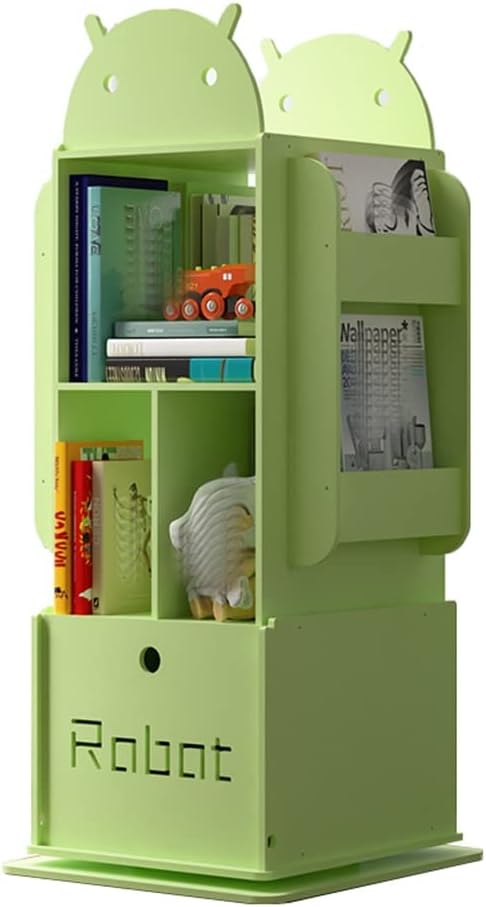 360 Degree Rotation Kids Bookshelf, Floor Standing Wood Plastic Board Robot Bookcase, Picture Book Toy Book Display Storage Rack (Color : Green)