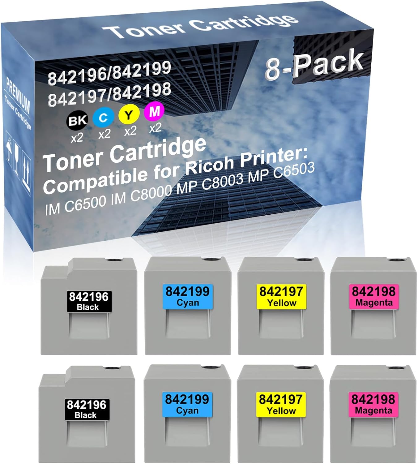 8-Pack (2BK+2C+2Y+2M) Compatible IM C6500, IM C8000, MP C8003, MP C6503 Printer Toner Cartridge High Capacity Replacement for Ricoh 842196+ 842199+ 842197+ 842198 Toner Cartridge