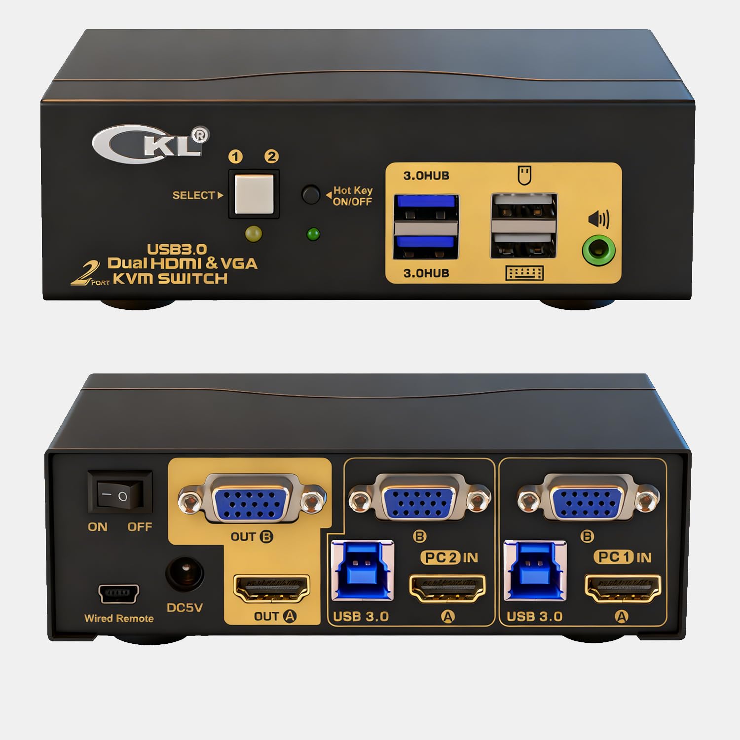 CKL KVM Switch Dual Monitor HDMI 4K@60Hz + VGA (2 Monitors 2 Computers 922HV-3) for Home and Office to Console Desktops/Laptops, Support USB 3.0, Hot Key, Audio, Wireless Keyboard and Mouse