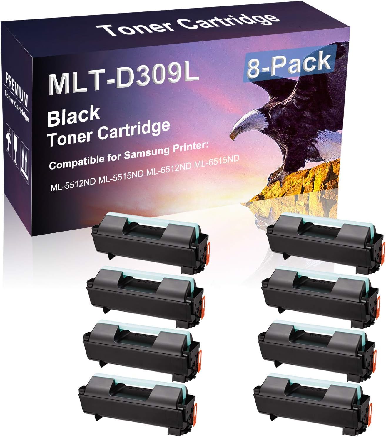 8 Pack (Black) Compatible Laser Printer Cartridge (High Yield) Replacement for Samsung D309L MLT-D309L Imaging Cartridge use for Samsung ML-5512ND ML-5515ND ML-6512ND ML-6515ND Printer