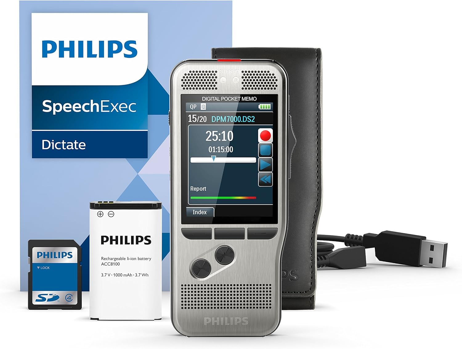Philips DPM7000 Digital Voice Recorder with Slide Switch 2 Microphones for Stereo Sound Recordings Colour Display Stainless Steel Housing Includes SpeechExec 10 Voice Recorder