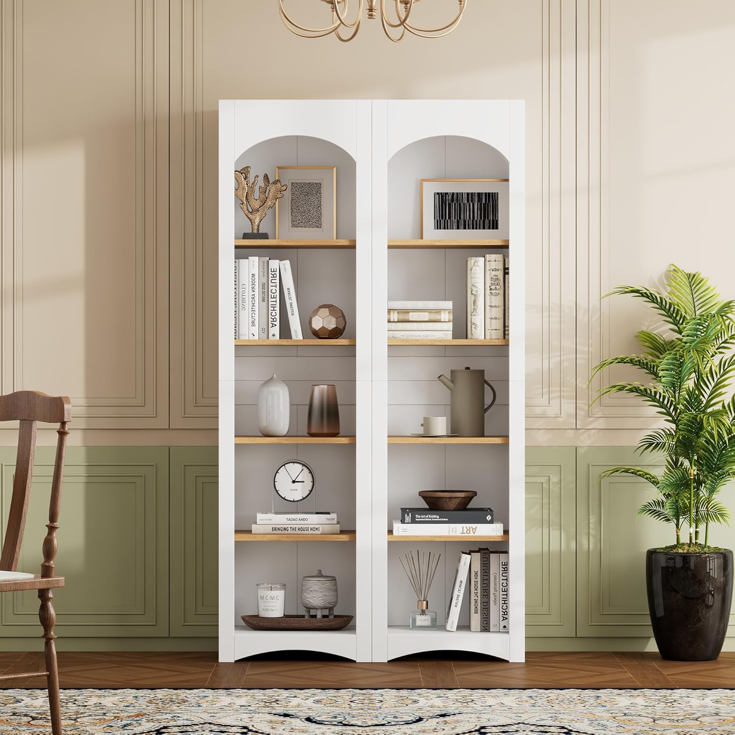 5-Tired Freestanding Bookcases, Set of 2 Farmhouse Two-Tone Storage Cabinets with Adjustable Shelves, 72''H Kitchen Pantry Cabinet for Living Room, Home Office (White)