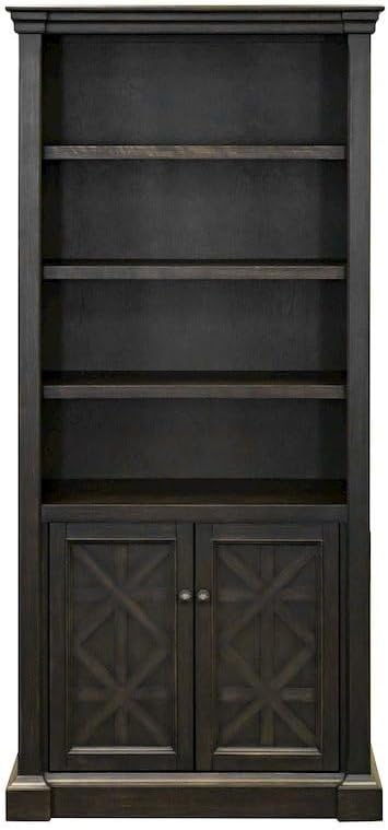 Starlight Wood Bookcase with Doors, Fully Assembled, 3 Adjustable Shelves, Fixed Shelf, Mottled Antique Hardware, Brown