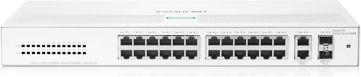 HPE Networking Instant On Switch Series 1430 26-Port Gb Unmanaged Layer 2 Ethernet Switch | 26x 1G | 2X SFP Uplink Ports | Fan-Less | US Cord (R8R50A#ABA)