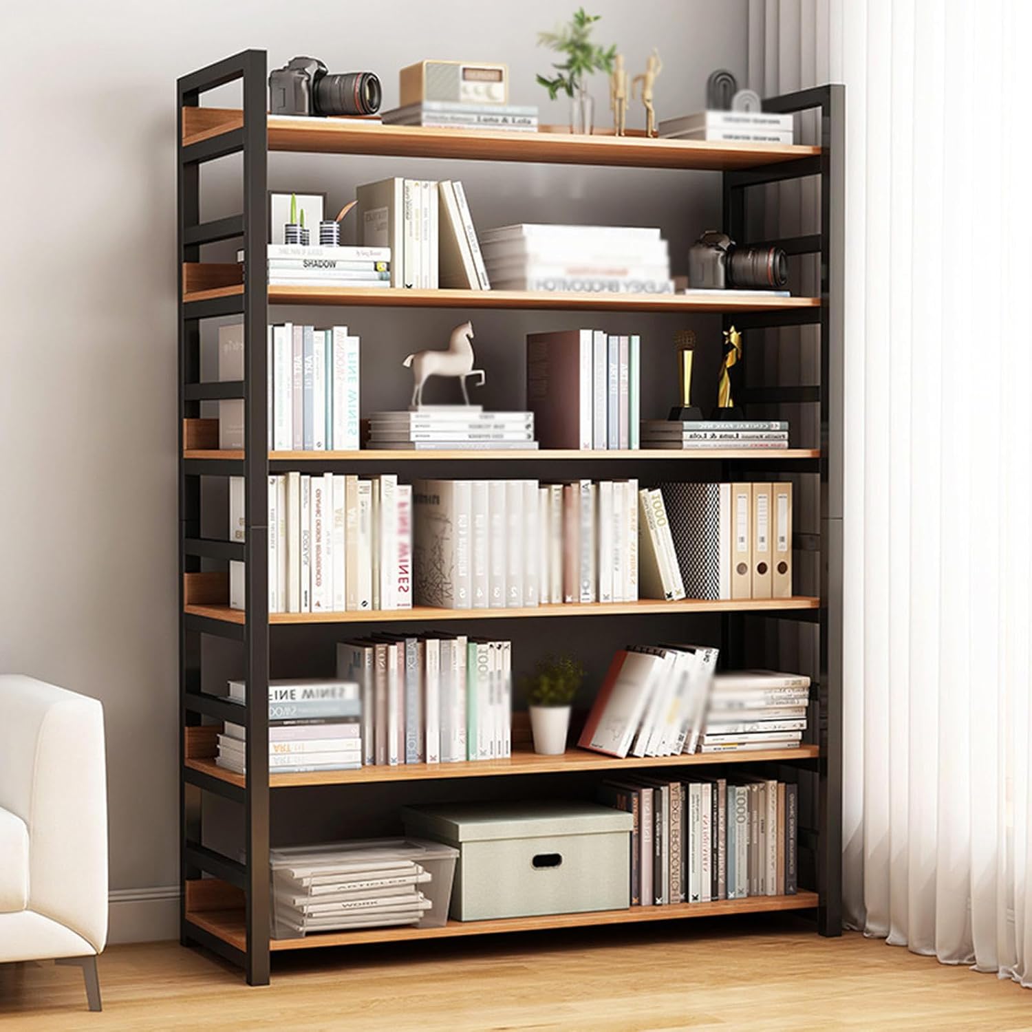 LOKORI 6 Tier Industrial Bookshelf, Metal Large Open Shelves,Bookcase Book Shelf Organize, Rustic Storage Rack for Living Room, Bedroom, Home Office