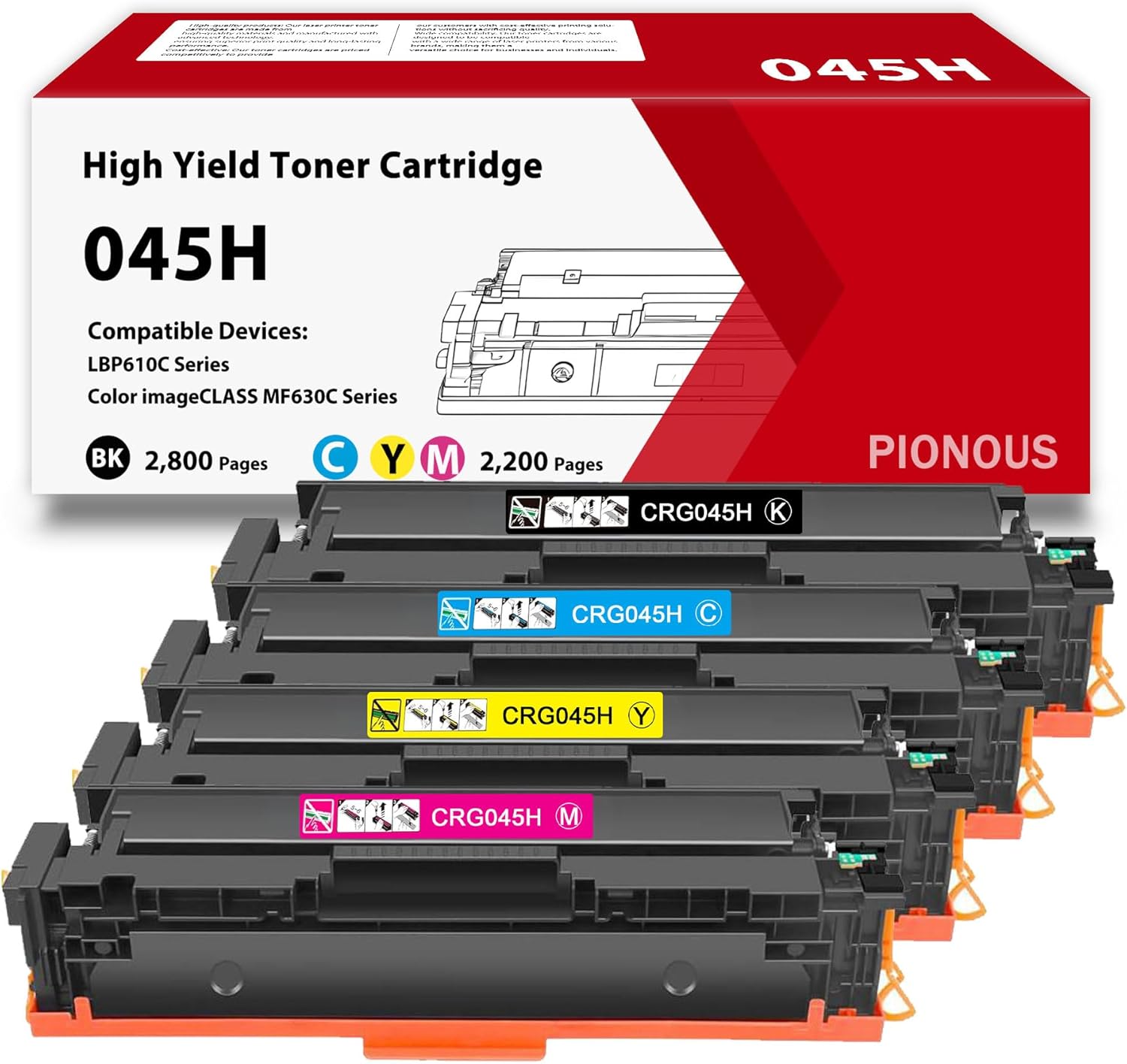 045H Toner Cartridge 4-Pack - High Yield Replacement for Canon CRG045H/045 - Compatible with imageCLASS MF632Cdw, MF634Cdw, LBP612Cdw Printers (Black, Cyan, Magenta, Yellow)