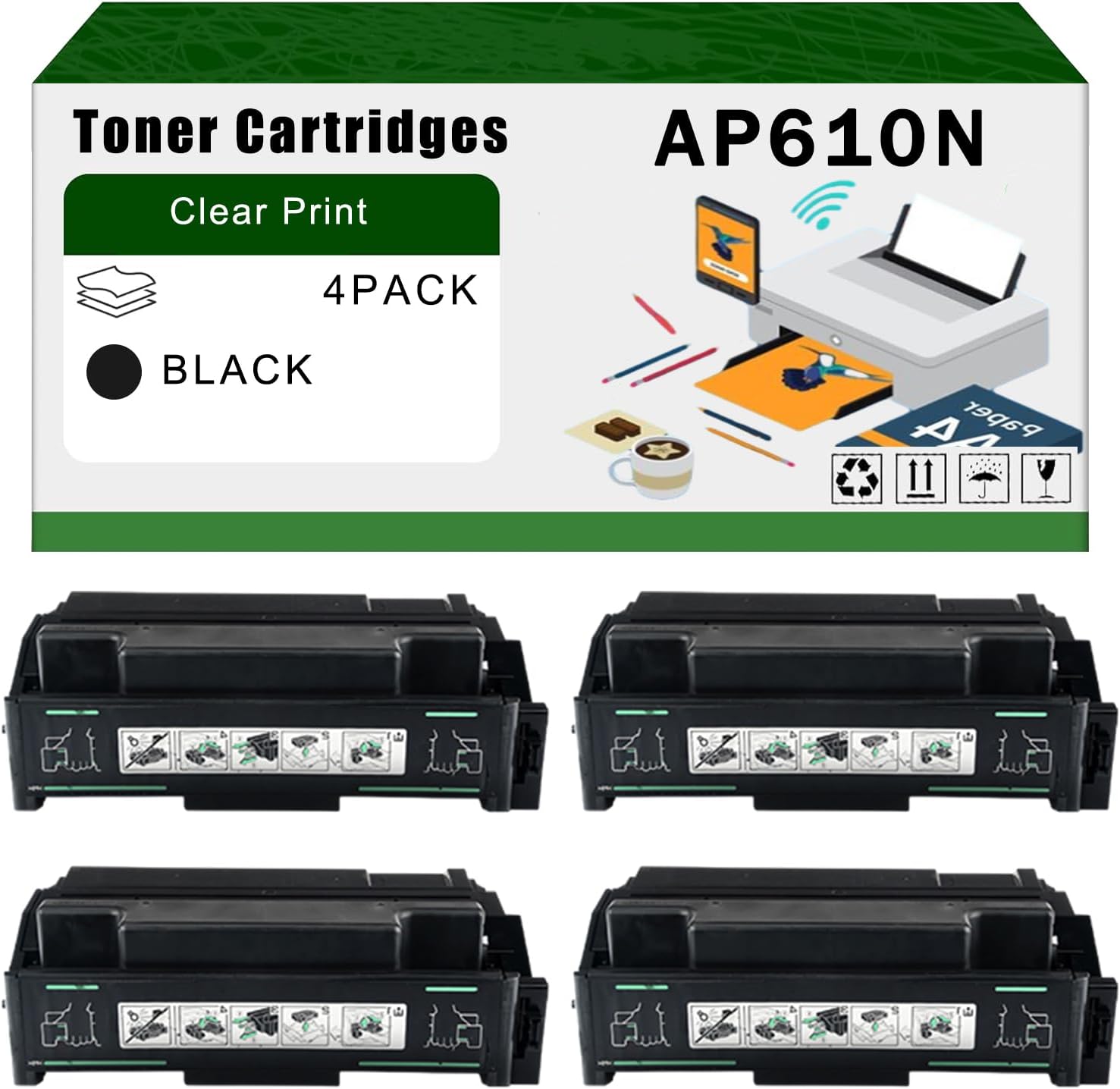 AGNNQ Compatible for Ricoh AP610N Toner Cartridges AP600N AP610N AP2610N AP2600 Printers, High Yield 30000 Pages Bright Clear Colors (4 Pack Black)