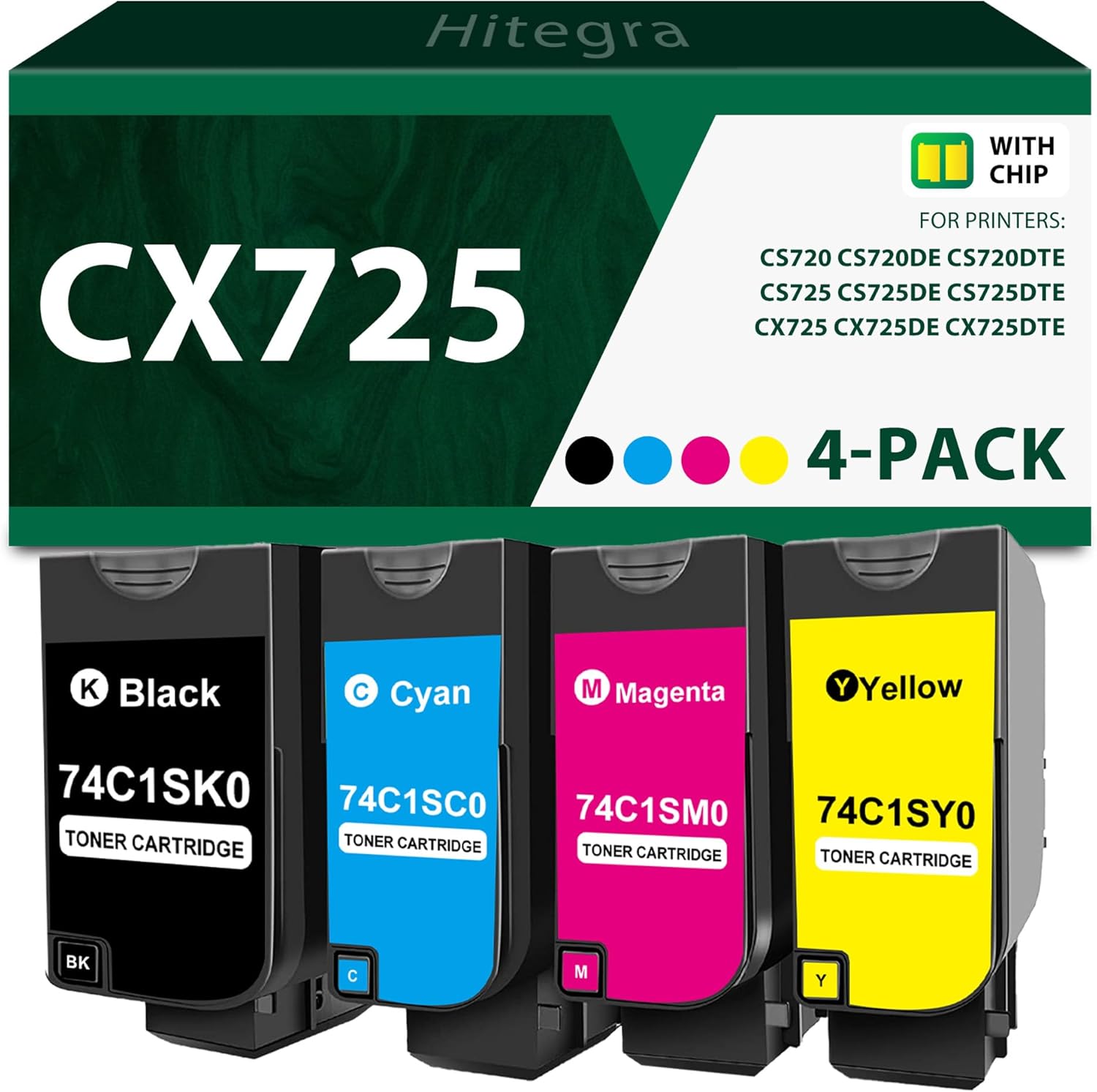 Compatible CX725 Toner Cartridge 74C1SK0 74C1SC0 74C1SM0 74C1SY0 Replacement for Lexmark CX725 CS720 Toner with 4-Pack for CX725 CX725de CX725dte CS720 CS720de CS720dte CS725 CS725de CS725dte Printer