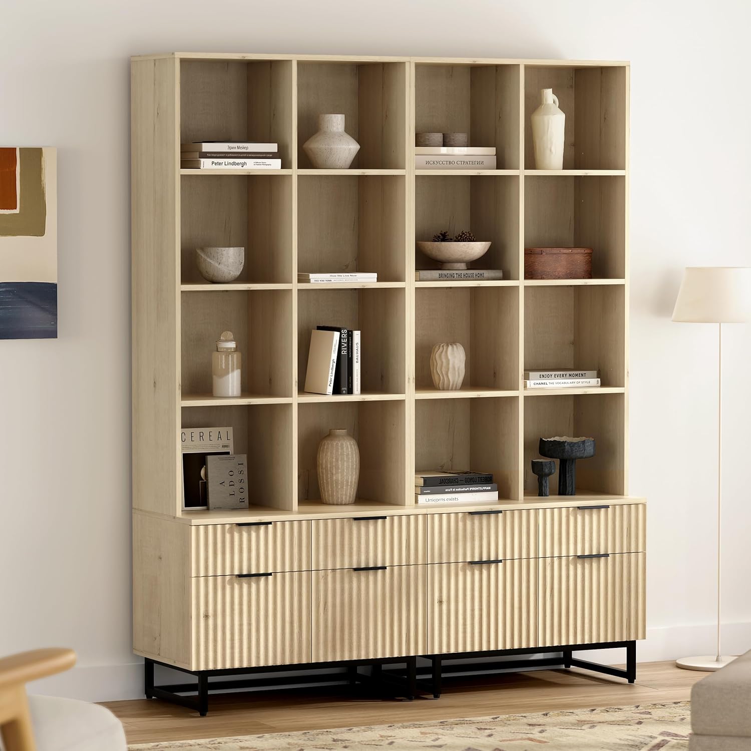 EYYTHUNG Tall Fluted Bookshelves with Drawers Set of 2, 71