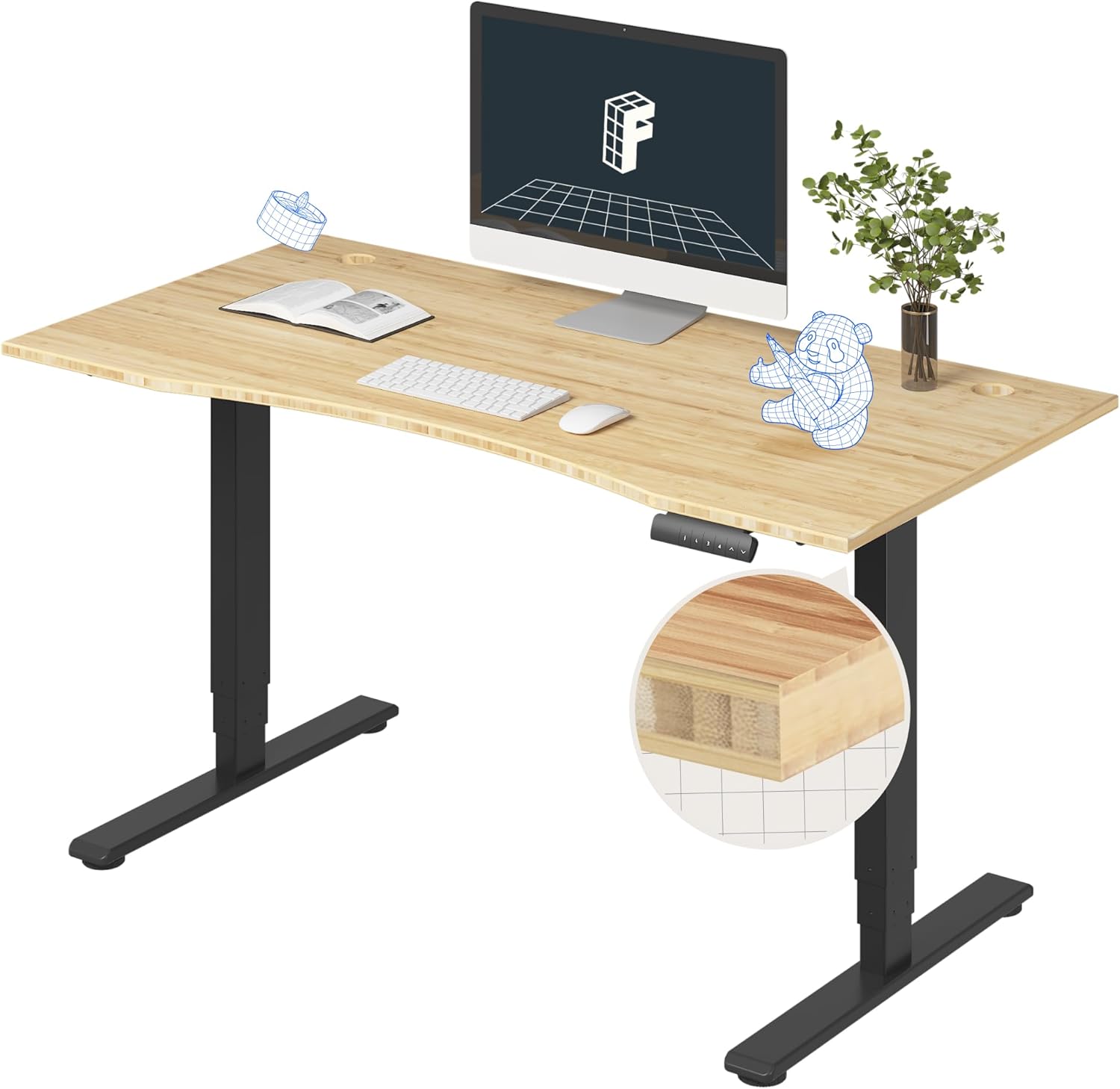 FlexiSpot E6 Bamboo 3-Stage Dual Motor Electric Standing Desk 55 x 28 Sit Stand Up Desk, Holds 220 lbs, Adjustable Height w/ Memory Presets, Solid Bamboo Curved Desktop & Black Frame, Ships in 2 Boxes