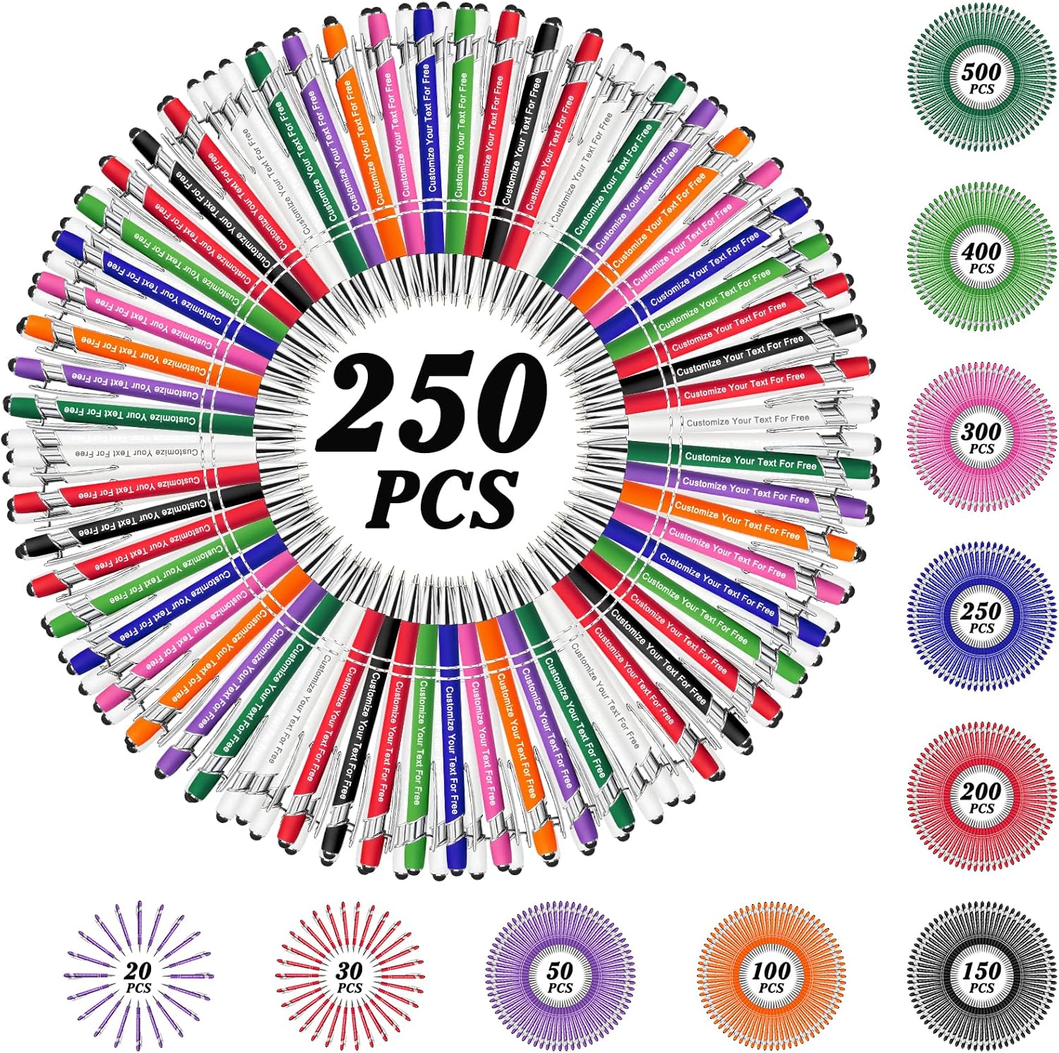 Max 500 Pcs Personalized Pens Bulk, Custom Pens with Free Engraving, Customized Stylus Tip Ballpoint Pen with Your Name Massage Text for School Office Business Graduation Anniversaries-250 Packs