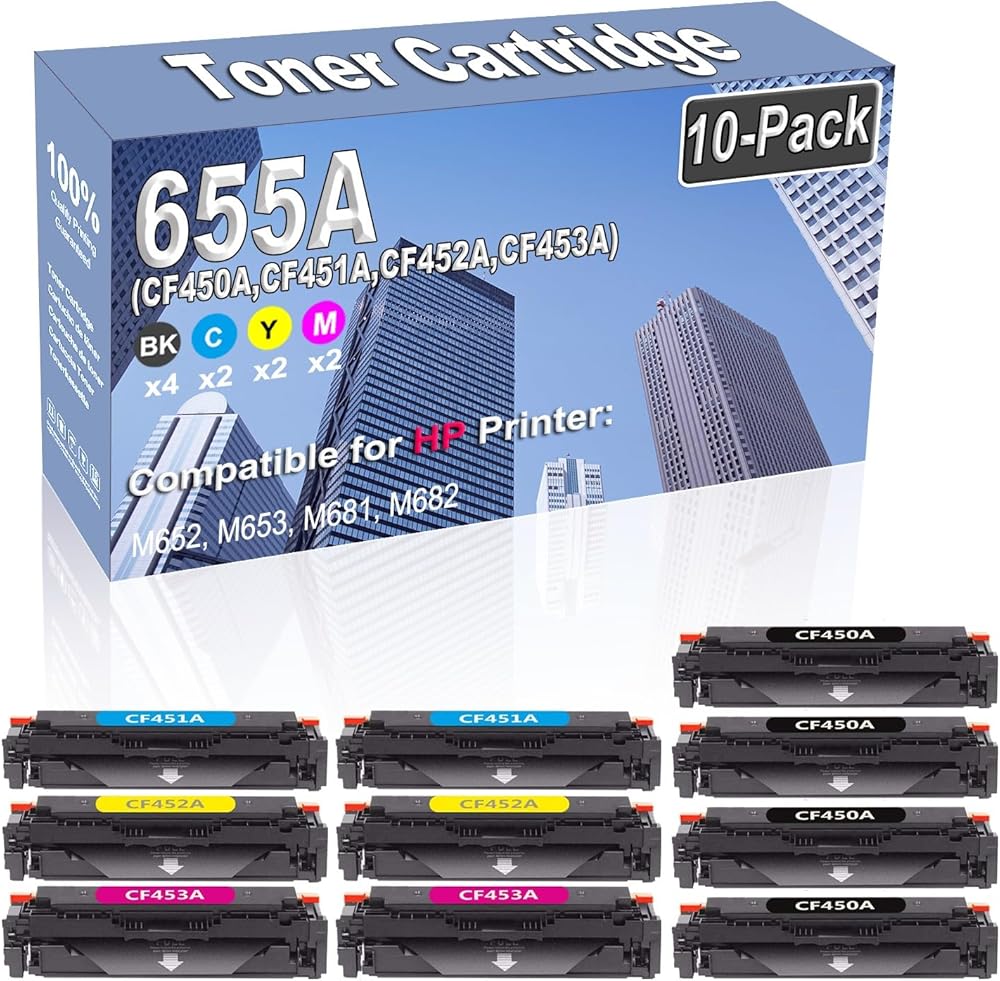 10-Pack (4BK/2C/2Y/2M) Compatible High Capacity 655A (CF450A CF451A CF452A CF453A) Color Toner Cartridge use for HP M652 M653 M681 M682 Printer