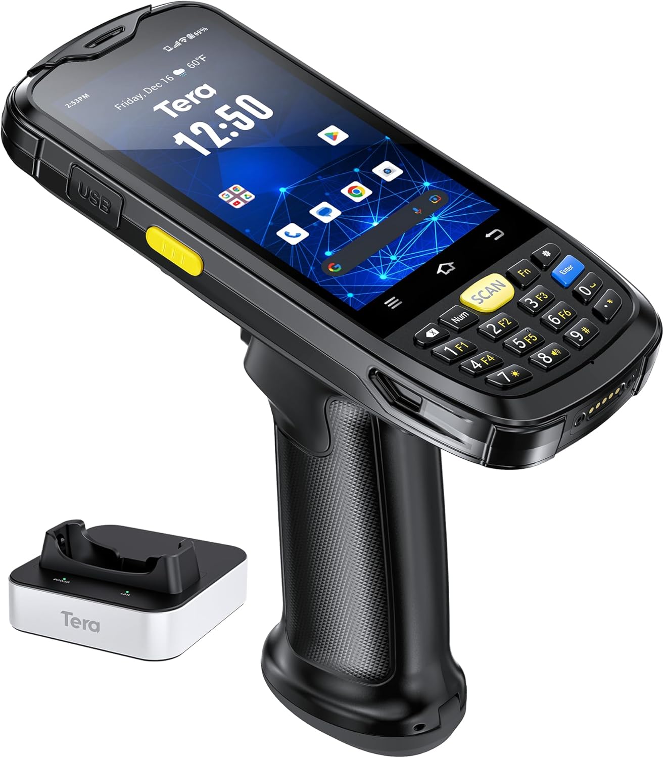 Tera Android Barcode Scanner Mobile Computer with Charging Cradle Pistol Grip, 1D 2D QR Zebra Scanner, Android 10 Handheld PDA Data Terminal, IP 65 Rugged 4G Wi-Fi GPS Works with Bluetooth Model P160