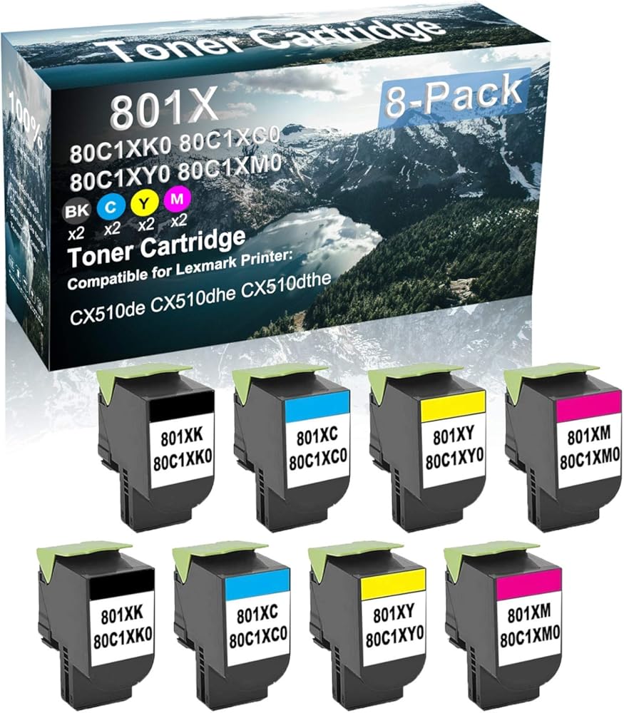 8 Pack (BK+C+Y+M) Compatible High Capacity Printer Toner Cartridge Replacement for 801X | 80C1XK0 80C1XC0 80C1XY0 80C1XM0 Printer Cartridge use for CX510de CX510dhe CX510dthe Printer