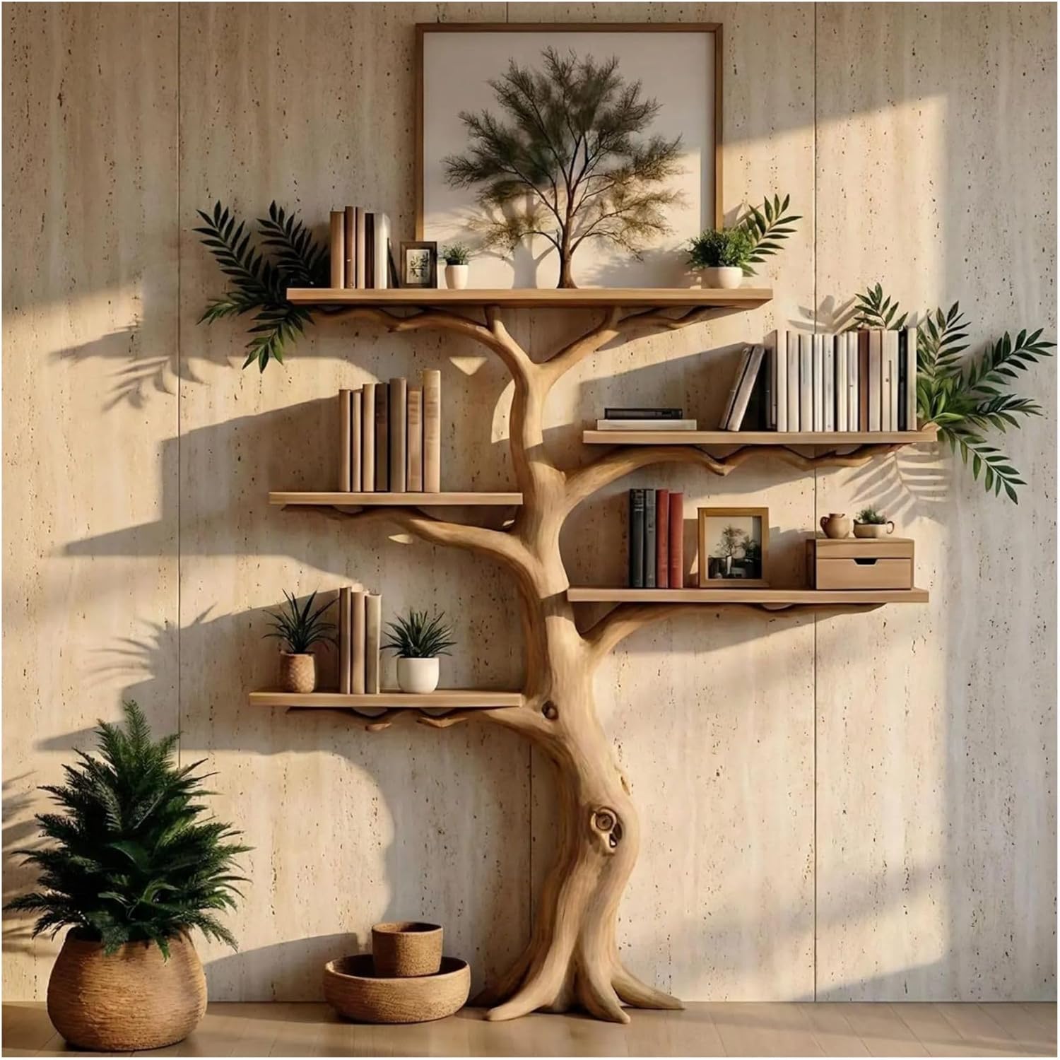 Zikako Handcrafted Solid Wood Tree Bookshelf – Rustic Wall Mounted Wooden Book Shelf, Nature Inspired Bookshelf Decor for Modern Living Room or Bedroom